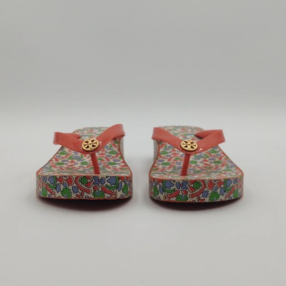Tory Burch Wedge Flip Flop Sandals Paisley Cut Out Coral 6 Boho Resort Lounge